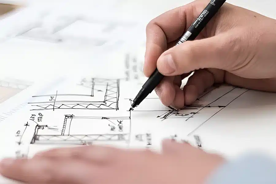 Close-up of hand sketching architectural construction drawings