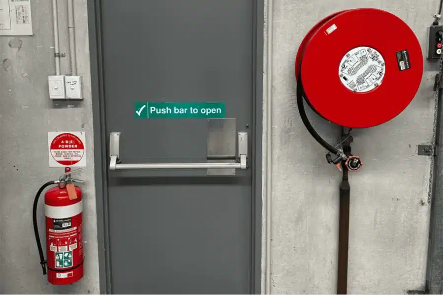 Emergency exit door with fire extinguisher, fire hose reel, and safety signage